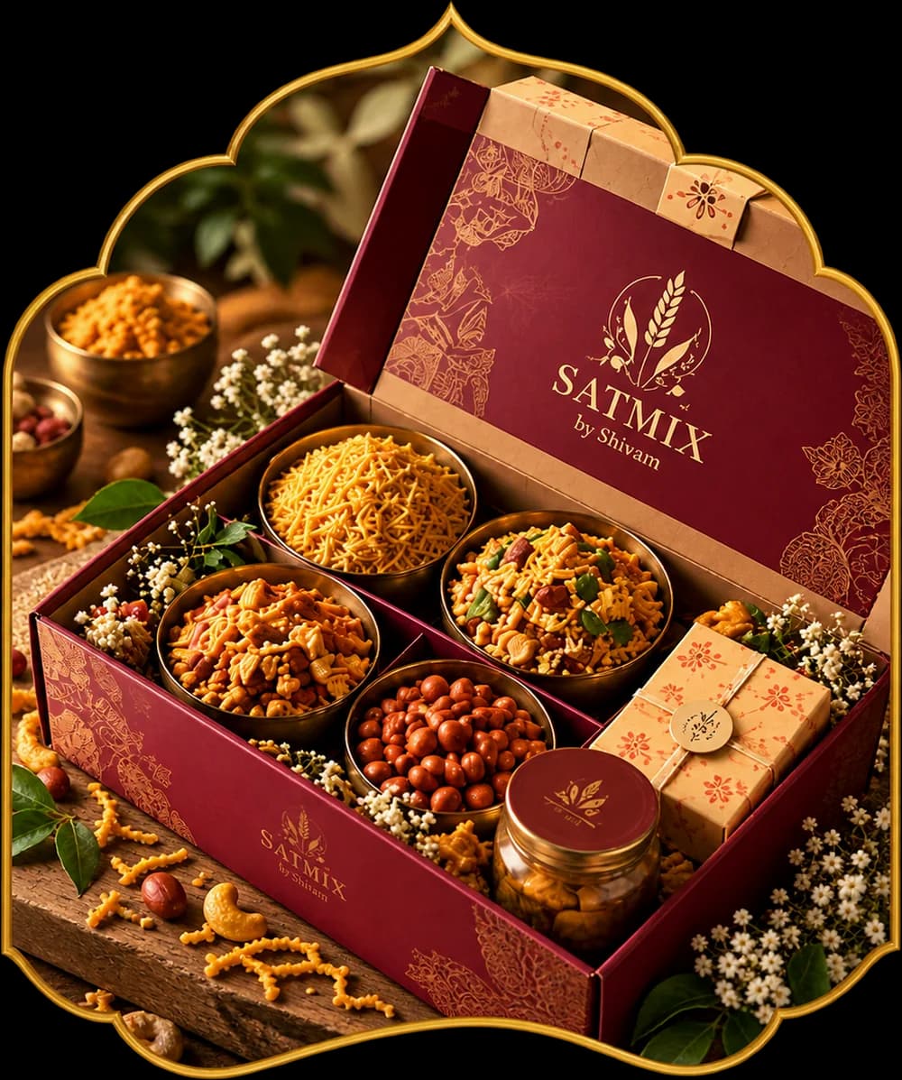 An open Satmix gift hamper filled with namkeen, a jar and a wrapped gift